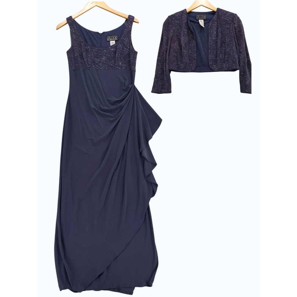 vtg Y2K Alex Evenings Gown Set Sz 6 Empire Waist Sequin Bolero‎ Jacket Dress